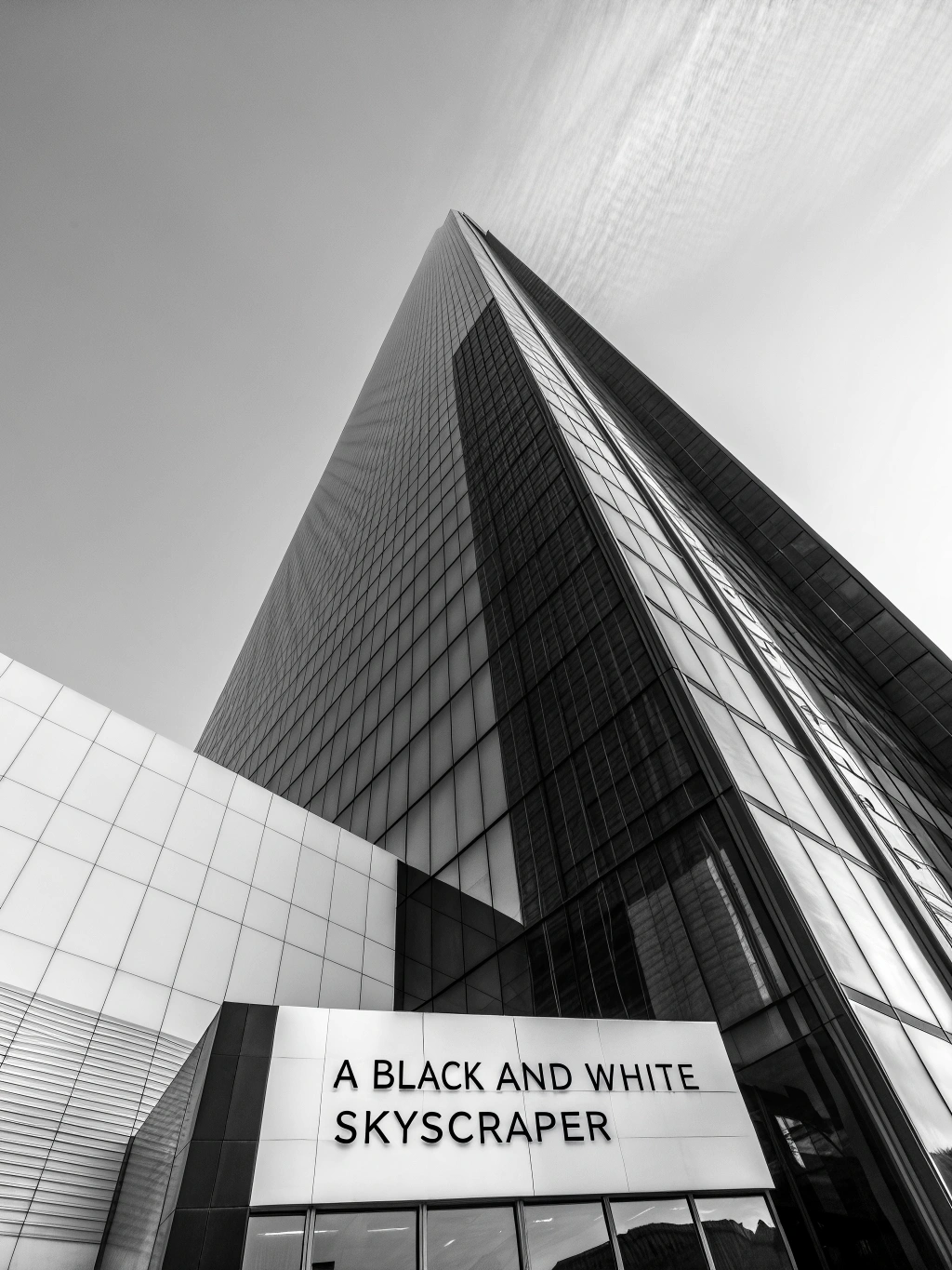 Stark black and white architectural view of a US financial district skyscraper